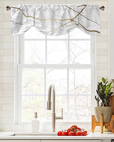 Tie Up Curtain Valance for Kitchen,White Marble Gold Line Window Valances Adjustable Tie-up Shade Valance,Modern Abstract Pattern Art Rod Pocket Short Curtains Window Treatment for Bathroom 60x18in