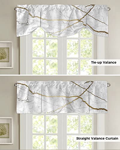 Tie Up Curtain Valance for Kitchen,White Marble Gold Line Window Valances Adjustable Tie-up Shade Valance,Modern Abstract Pattern Art Rod Pocket Short Curtains Window Treatment for Bathroom 60x18in