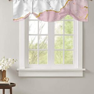 Natural White and Pink Wild Marble Tie Up Valance Curtain for Kitchen-Small Window Shade Valances Adjustable Rod Pocket Windows Treatment for Bedroom Bathroom Gold Line Stone Texture,1 Panel 60x18in