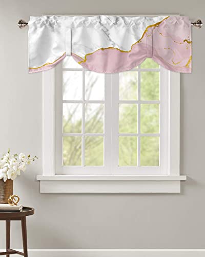 Natural White and Pink Wild Marble Tie Up Valance Curtain for Kitchen-Small Window Shade Valances Adjustable Rod Pocket Windows Treatment for Bedroom Bathroom Gold Line Stone Texture,1 Panel 60x18in