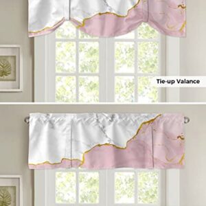 Natural White and Pink Wild Marble Tie Up Valance Curtain for Kitchen-Small Window Shade Valances Adjustable Rod Pocket Windows Treatment for Bedroom Bathroom Gold Line Stone Texture,1 Panel 60x18in