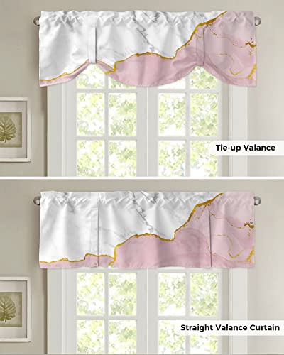 Natural White and Pink Wild Marble Tie Up Valance Curtain for Kitchen-Small Window Shade Valances Adjustable Rod Pocket Windows Treatment for Bedroom Bathroom Gold Line Stone Texture,1 Panel 60x18in