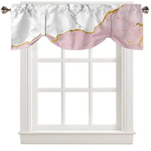 Natural White and Pink Wild Marble Tie Up Valance Curtain for Kitchen-Small Window Shade Valances Adjustable Rod Pocket Windows Treatment for Bedroom Bathroom Gold Line Stone Texture,1 Panel 60x18in