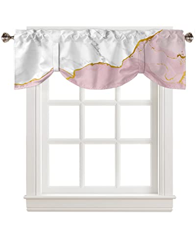 Natural White and Pink Wild Marble Tie Up Valance Curtain for Kitchen-Small Window Shade Valances Adjustable Rod Pocket Windows Treatment for Bedroom Bathroom Gold Line Stone Texture,1 Panel 60x18in