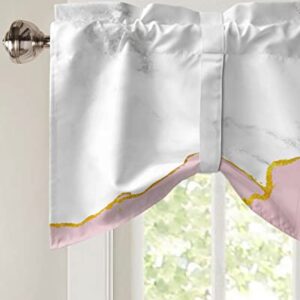 Natural White and Pink Wild Marble Tie Up Valance Curtain for Kitchen-Small Window Shade Valances Adjustable Rod Pocket Windows Treatment for Bedroom Bathroom Gold Line Stone Texture,1 Panel 60x18in