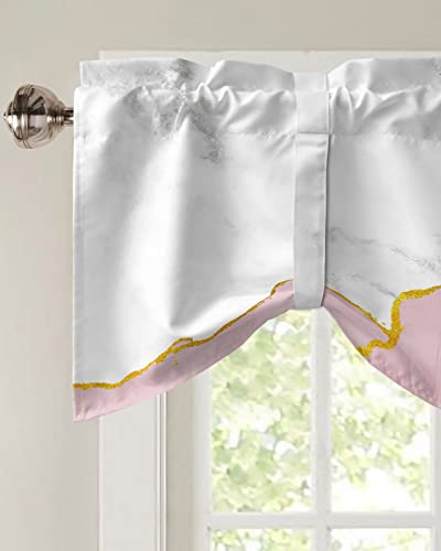 Natural White and Pink Wild Marble Tie Up Valance Curtain for Kitchen-Small Window Shade Valances Adjustable Rod Pocket Windows Treatment for Bedroom Bathroom Gold Line Stone Texture,1 Panel 60x18in