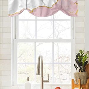 Natural White and Pink Wild Marble Tie Up Valance Curtain for Kitchen-Small Window Shade Valances Adjustable Rod Pocket Windows Treatment for Bedroom Bathroom Gold Line Stone Texture,1 Panel 60x18in