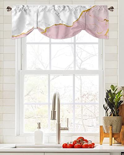 Natural White and Pink Wild Marble Tie Up Valance Curtain for Kitchen-Small Window Shade Valances Adjustable Rod Pocket Windows Treatment for Bedroom Bathroom Gold Line Stone Texture,1 Panel 60x18in