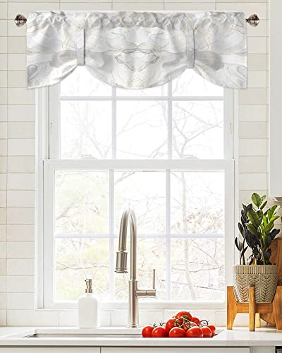 Tie Up Valance Curtains Abstract White Grey Marble Stone Kitchen Cafe Valances for Windows,Rod Pocket Adjustable Balloon Window Shades for Living Room Bathroom Natural Agate with Gold Line,1 Panel