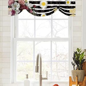 Tie Up Valance Curtains Blooming Flowers Gold Butterfly Gardon Kitchen Cafe Valances for Windows,Rod Pocket Adjustable Balloon Window Shades for Living Room Bathroom Black White Stripe,1 Panel