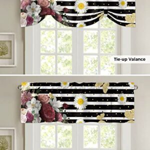 Tie Up Valance Curtains Blooming Flowers Gold Butterfly Gardon Kitchen Cafe Valances for Windows,Rod Pocket Adjustable Balloon Window Shades for Living Room Bathroom Black White Stripe,1 Panel