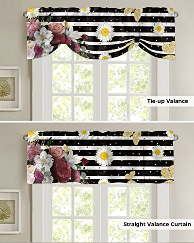 Tie Up Valance Curtains Blooming Flowers Gold Butterfly Gardon Kitchen Cafe Valances for Windows,Rod Pocket Adjustable Balloon Window Shades for Living Room Bathroom Black White Stripe,1 Panel