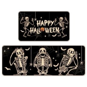 tailus happy halloween kitchen rugs set of 2, skeleton skull spooky bone bat spider web black kitchen mats decor, funny holiday floor door mat party home decorations - 17x29 and 17x47 inch