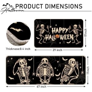 Tailus Happy Halloween Kitchen Rugs Set of 2, Skeleton Skull Spooky Bone Bat Spider Web Black Kitchen Mats Decor, Funny Holiday Floor Door Mat Party Home Decorations - 17x29 and 17x47 Inch