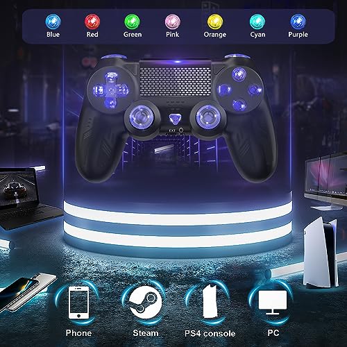 Dinosoo RGB Wireless Controller for PS4/Slim/Pro/PC, Colorful RGB lights - Blue Red Green Pink Orange Cyan Purple, with Dual Vibration/6-Axis Motion Sensor/Turbo/1000mAh Battery/Headphone Audio