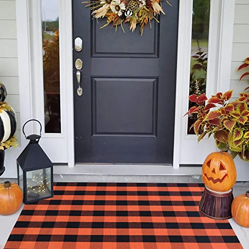 Bedkiss Orange and Black Plaid Rug - Indoor Outdoor Hand-Woven Washable Doormat for Fall Front Door Decoration, Porch, Entryway, Farmhouse, Autumn, Thanksgiving (Orange and Black Plaid, 4' × 6')