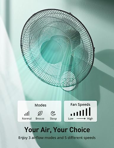 PARIS RHÔNE Wall Mount Fan with Remote,16 Inch Wall Fan with 5 Blades, 5 Speeds, 8 Hour Timer, 90° Oscillating Quiet Wall Fan with Remote for Home Office Bedroom Living Room Garage