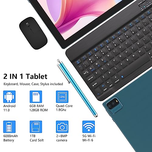 2023 Newest 2 in 1 Tablet with Keyboard, 6GB+128GB/1TB Expandable, 10 inch Tablet Android 11 Tablets Include Mouse Stylus Tempered Film, 5G WiFi 6, 8MP Dual Camera, 1280*800 10" FHD, 6000mAH Tablet PC