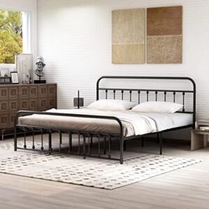 alazyhome king size bed frame classic metal platform mattress foundation with victorian style iron-art headboard under bed storage no box spring needed black