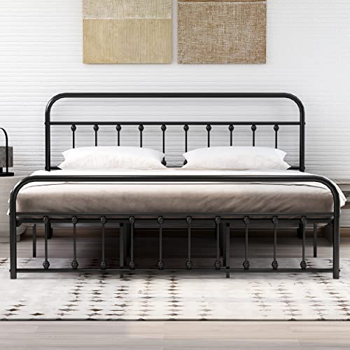 alazyhome King Size Bed Frame Classic Metal Platform Mattress Foundation with Victorian Style Iron-Art Headboard Under Bed Storage No Box Spring Needed Black