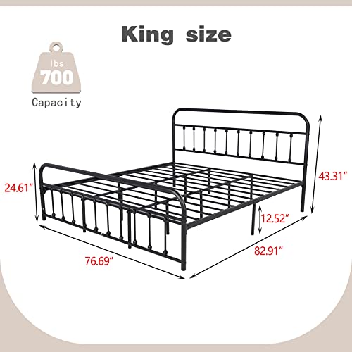 alazyhome King Size Bed Frame Classic Metal Platform Mattress Foundation with Victorian Style Iron-Art Headboard Under Bed Storage No Box Spring Needed Black