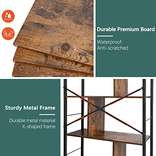 Yoobure 5 Tier Tall Book Shelf, Industrial Bookshelf Storage Bookcase, Open Wood Book Case, Rustic 5 Shelf Display Shelf for Living Room, Modern Standing Book Shelf for Bedroom, Home Office, Kitchen