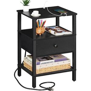 lerliuo nightstand with charging station and usb ports, 3-tier storage end table with drawer shelf, night stand for small spaces, wood bedside table for living room, bedroom - classic black