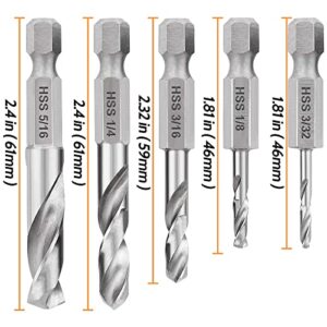 Rhinenet 1/4 Hex Shank Drill Bit Set 5 Pieces Stubby Drill Bit Set for Metal M2 Short Length Drill Bit Steel for Quick Change Chucks and Drives Stainless Steel Carbon Steel Iron and Other Hard Metals