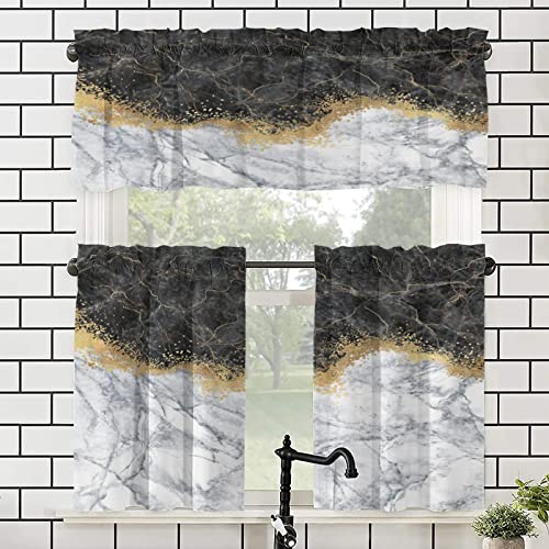 Marbre 3 Pieces Kitchen Valance Window Curtain Set Rod Pocket Marble Gold White Black Geometric Rose Stone Abstract Modern Vintage White Golden Tier Curtains for Living Room Bathroom