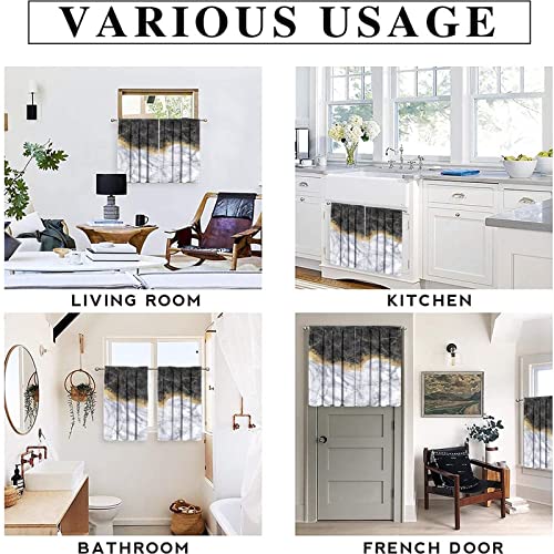 Marbre 3 Pieces Kitchen Valance Window Curtain Set Rod Pocket Marble Gold White Black Geometric Rose Stone Abstract Modern Vintage White Golden Tier Curtains for Living Room Bathroom