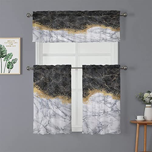 Marbre 3 Pieces Kitchen Valance Window Curtain Set Rod Pocket Marble Gold White Black Geometric Rose Stone Abstract Modern Vintage White Golden Tier Curtains for Living Room Bathroom