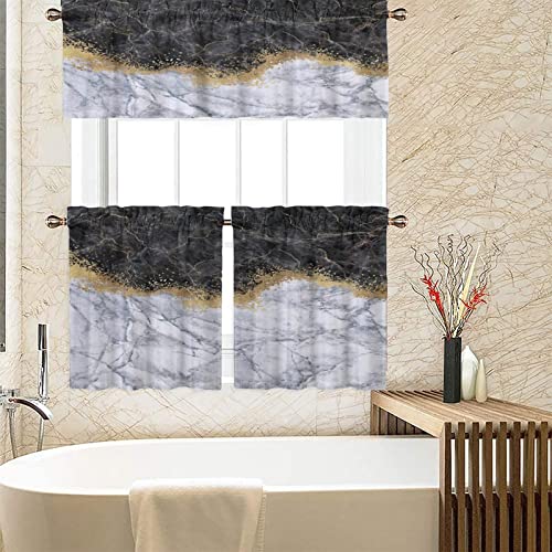 Marbre 3 Pieces Kitchen Valance Window Curtain Set Rod Pocket Marble Gold White Black Geometric Rose Stone Abstract Modern Vintage White Golden Tier Curtains for Living Room Bathroom