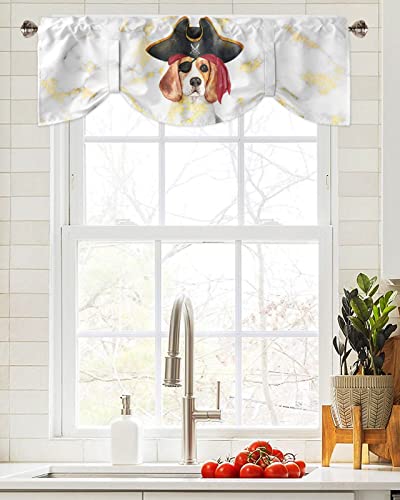 Tie Up Valance for Kitchen Windows,Abstract Geometric Pirate Dog White Gold Marble Adjustable Valances Rod Pocket Short Curtain,Cartoon Animal Tie Up Curtains Valance for Bedroom Bathroom 42x18in