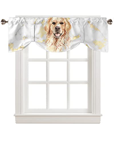 Tie Up Valance for Kitchen,Pet Dog White Marble Gold Inlay Adjustable Valances Rod Pocket Short Curtain,Watercolor Golden Retriever Abstract Art Back Tie Up Curtains Valance for Bedroom 60x18in