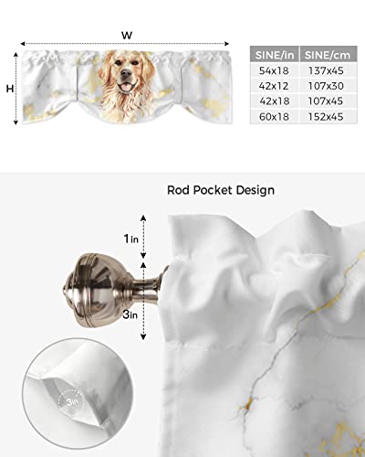 Tie Up Valance for Kitchen,Pet Dog White Marble Gold Inlay Adjustable Valances Rod Pocket Short Curtain,Watercolor Golden Retriever Abstract Art Back Tie Up Curtains Valance for Bedroom 60x18in