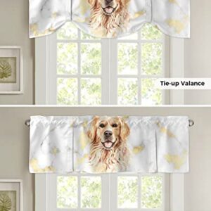 Tie Up Valance for Kitchen,Pet Dog White Marble Gold Inlay Adjustable Valances Rod Pocket Short Curtain,Watercolor Golden Retriever Abstract Art Back Tie Up Curtains Valance for Bedroom 60x18in