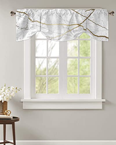 Tie Up Valance for Kitchen Windows,White Marble Gold Line Adjustable Valances Rod Pocket Short Curtain,Modern Abstract Pattern Art Tie Up Curtains Valance for Bedroom Living Room Bathroom 42x12in