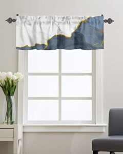 rod pocket valance for kitchen windows marble texture watercolor blue gold and white colors,short curtain toppers ink painting window treatment for bedroom bathroom farmhouse 42x12in