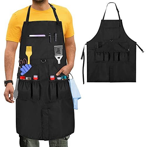 HODRANT Large BBQ Grilling Apron, Cooking Apron for Men with Pockets & Slit Hem, Kitchen Apron with Adjustable Neck Strap for Men & Women, Work Apron for Chef, Barber, Painter, Carpenter, Apron Only