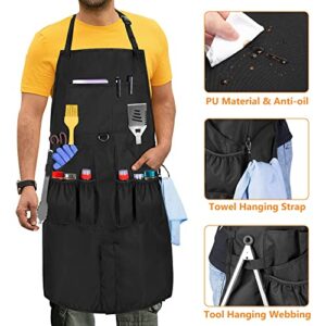 HODRANT Large BBQ Grilling Apron, Cooking Apron for Men with Pockets & Slit Hem, Kitchen Apron with Adjustable Neck Strap for Men & Women, Work Apron for Chef, Barber, Painter, Carpenter, Apron Only