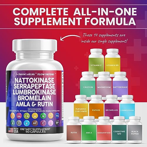 Nattokinase 4000 FU Serrapeptase 120000 SPU Lumbrokinase Enzyme Supplement with Bromelain Papain Papaya Enzymes Rutin Extract Amla Magnesium Vitamin B6 & VIT C Capsules Pineapple Pills Made in USA