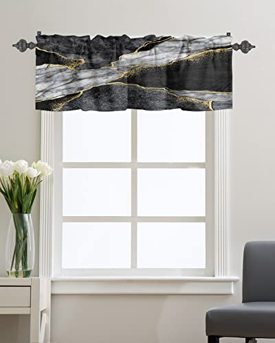 Kitchen Cafe Valance Curtain for Small Windows,Black White Marble with Gold Stripe Rod Pocket Short Blackout Curtains,Abstract Stone Agate Texture Window Treatment for Living Room Bedroom Bathroom