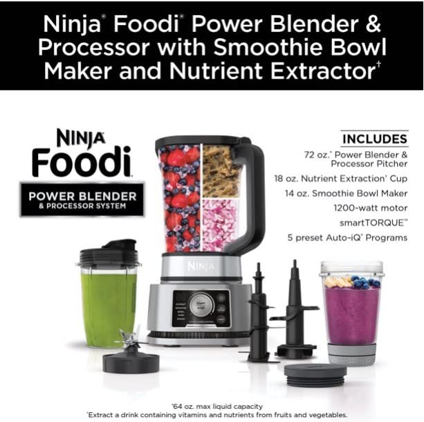 Ninja® Foodi® 72-oz Power Blender & Processor System with Smoothie Bowl Maker & Nutrient Extractor* 1200W (Renewed)