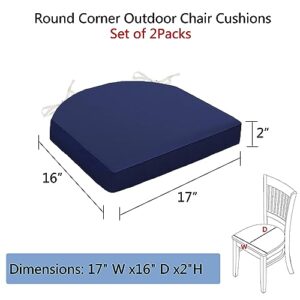 Sqodok Outdoor Chair Cushions 17"x16"x2" Waterproof Patio Cushions for Outdoor Furniture, Round Corner Chair Cushions for Patio Furniture Seat Cushion with Ties Set of 2, Dark Blue