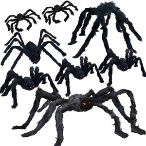 unglinga 8 large spiders halloween decorations outdoor indoor, fake spiders scary decorations, black posable halloween spiders for yard porch haunted house party