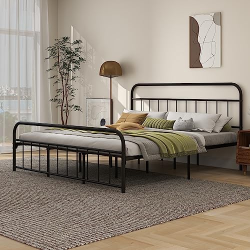alazyhome King Bed Frame Metal Platform with Vintage Headboard and Footboard Easy Assembly No Box Spring Needed Steel Slat Support Black
