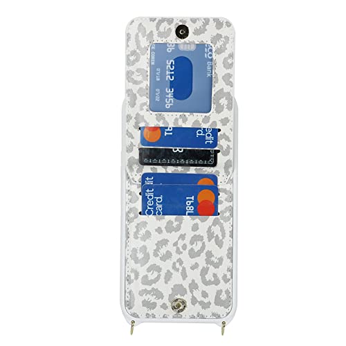 Jaorty Samsung Galaxy A54 5G Phone Case for Women with Card Holder,Samsung A54 Case Wallet Crossbody Lanyard with Strap,Credit Card Slots Kickstand Case with Ring Holder,6.4 Inch,White Leopard