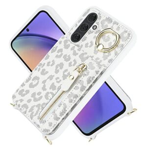 Jaorty Samsung Galaxy A54 5G Phone Case for Women with Card Holder,Samsung A54 Case Wallet Crossbody Lanyard with Strap,Credit Card Slots Kickstand Case with Ring Holder,6.4 Inch,White Leopard