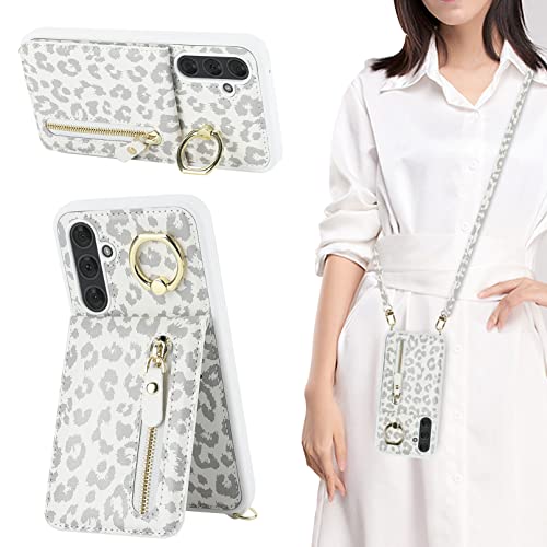 Jaorty Samsung Galaxy A54 5G Phone Case for Women with Card Holder,Samsung A54 Case Wallet Crossbody Lanyard with Strap,Credit Card Slots Kickstand Case with Ring Holder,6.4 Inch,White Leopard