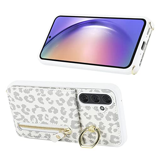 Jaorty Samsung Galaxy A54 5G Phone Case for Women with Card Holder,Samsung A54 Case Wallet Crossbody Lanyard with Strap,Credit Card Slots Kickstand Case with Ring Holder,6.4 Inch,White Leopard